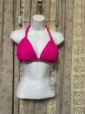 NWT PQ Swim Isla Triangle Bikini Top Hot Pink Ruched Size D